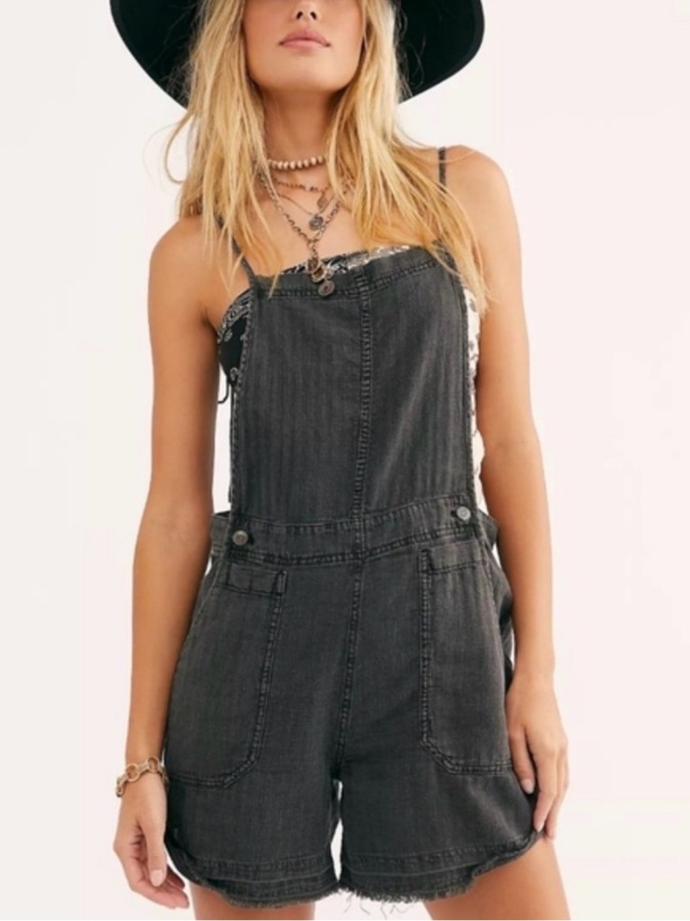 Free People NWT Natural Sights Linen Blend Faded Black Shortalls M